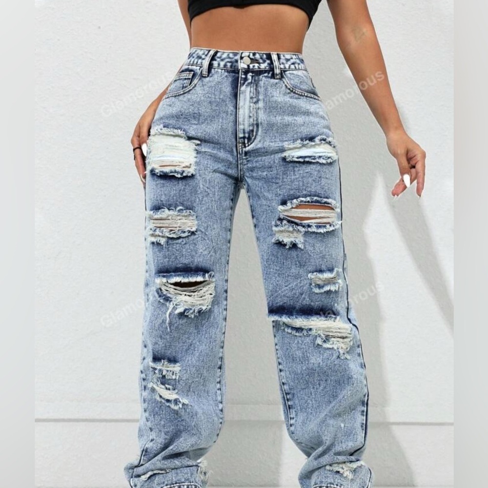 NWOT, Women's Ripped Straight Leg Jeans,XS,‎ Royal Blue Wash Y2K